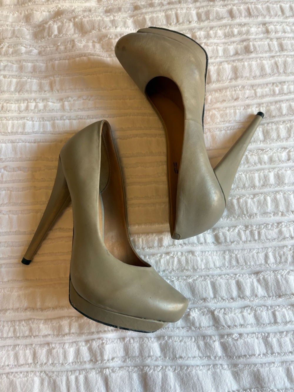L.A.M.B. Taupe Leather Platform Stiletto Pumps